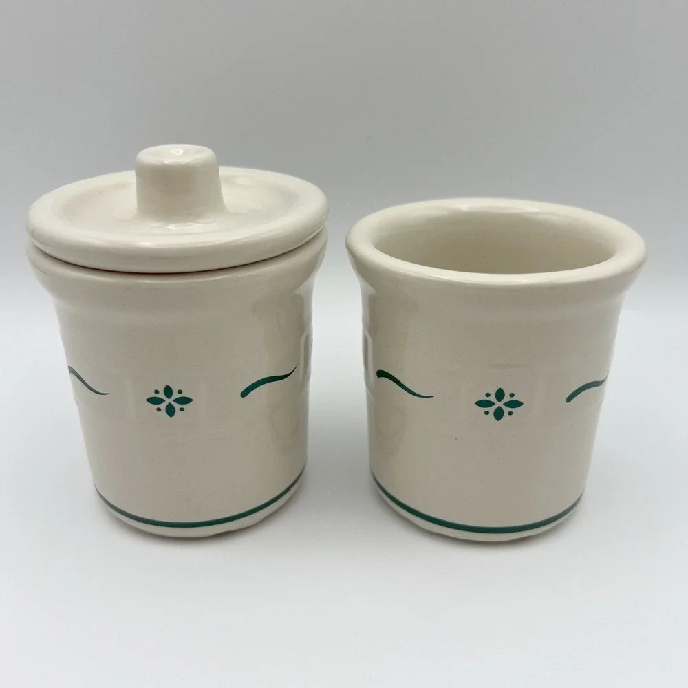 Longaberger Woven Traditions Heritage Green Condiment Crocks Set of 2 with 1 Lid
